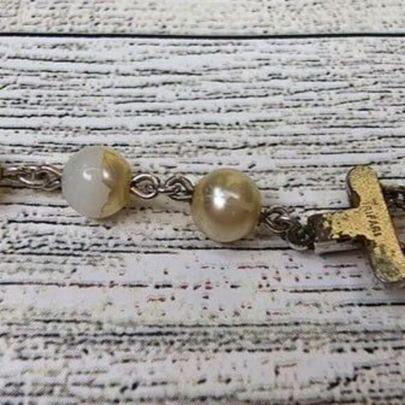 Trifari Double Strand Light Champagne Tone Faux Pearl Necklace 13"L + 2"Ext. - Picture 5 of 6